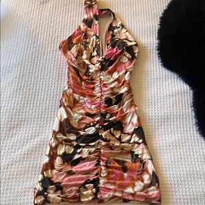Hours Revolve Elegant Halter Butterfly Pink and Brown Mini Dress Sz 0, Small